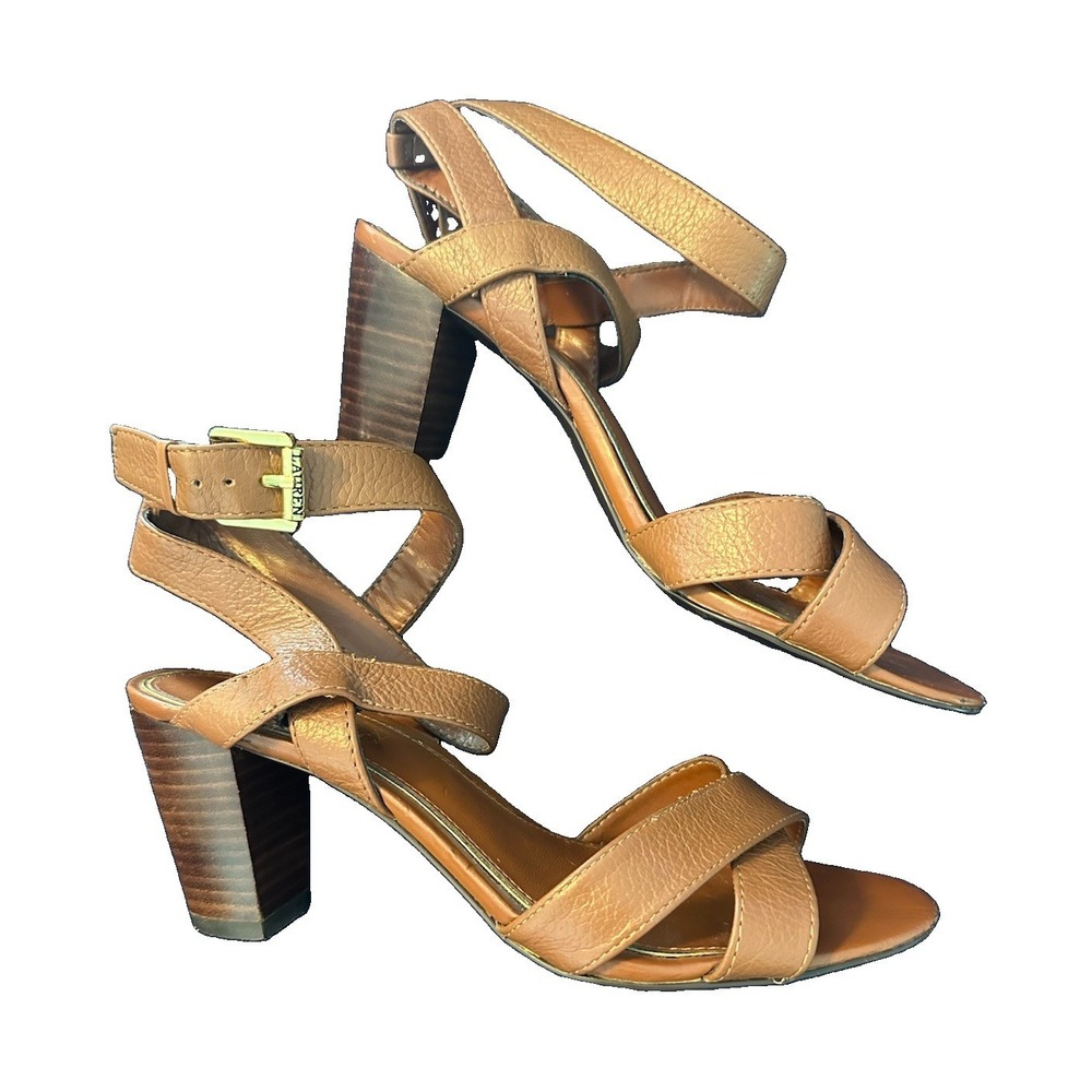 Lauren Ralph Lauren Hala Brown Leather Strappy Open Toe Ankle Strap Heels 6.5B